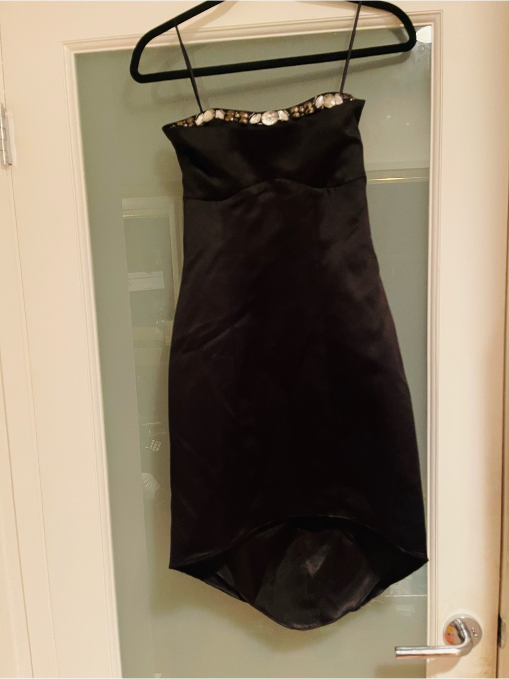ABS Allen Schwartz Navy Satin High-Low Strapless Dress with Beaded Trim